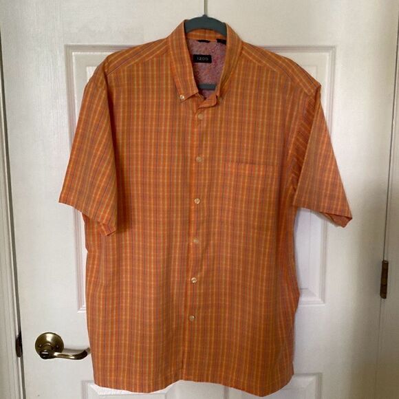 Mens IZOD Short Sleeve Button Down Shirt, Light Orange Plaid, Size Large - Picture 1 of 6